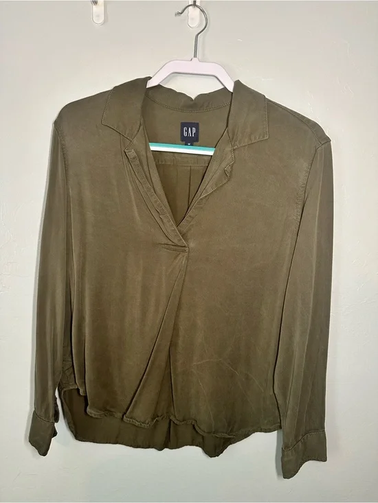 GAP Olive Draped Button-Down Blouse