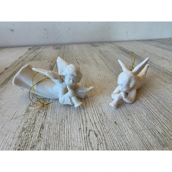 Vintage porcelain Angel cherub ornament white horn Xmas tree girl Angels