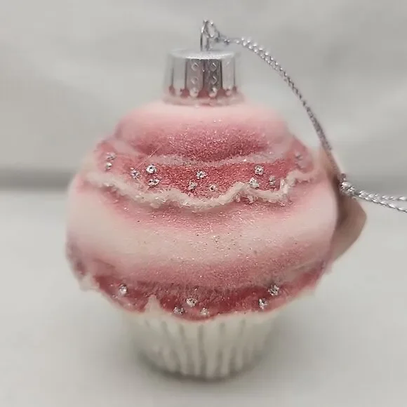 Ornament DEPT 56 Cupcake Glass Christmas Glitter Sparkle Pink White Silver NEW