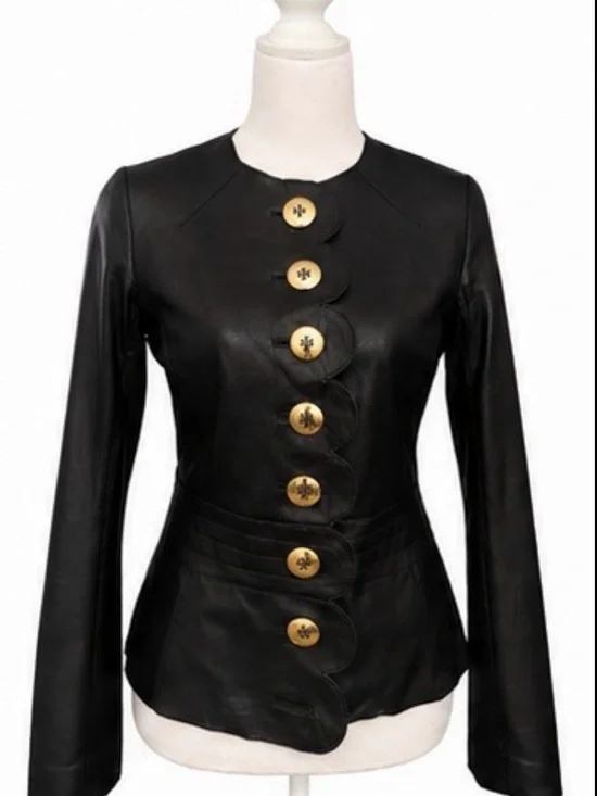 Tory Burch Black Leather Scalloped Jacket with Gold Logo Buttons