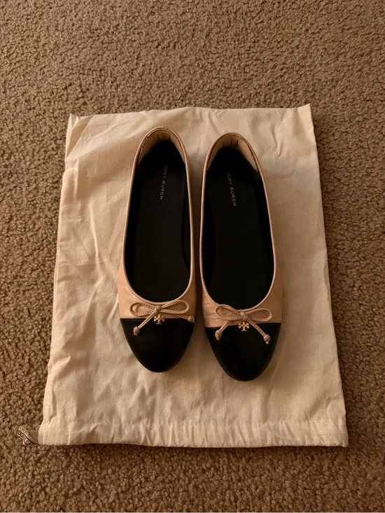 Tory Burch Pink and Black Cap-Toe Ballet Flats
