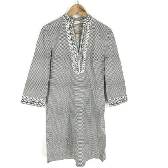 Tory Burch Tunic Dress Size 4 Women Blue White Embroidered Striped V Neck Kaftan
