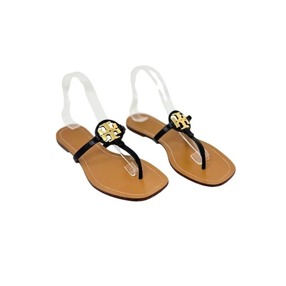 Tory Burch Mini Miller Sandals Black Leather Logo Thong‎ Size 8.5