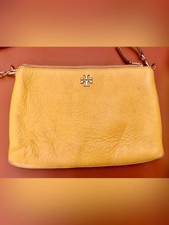 Tory Burch Pebbled Yellow Leather cross-body bag with Gold Logo