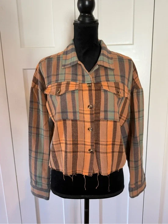 Plaid Cropped Shacket in Orange, Turquoise and Brown