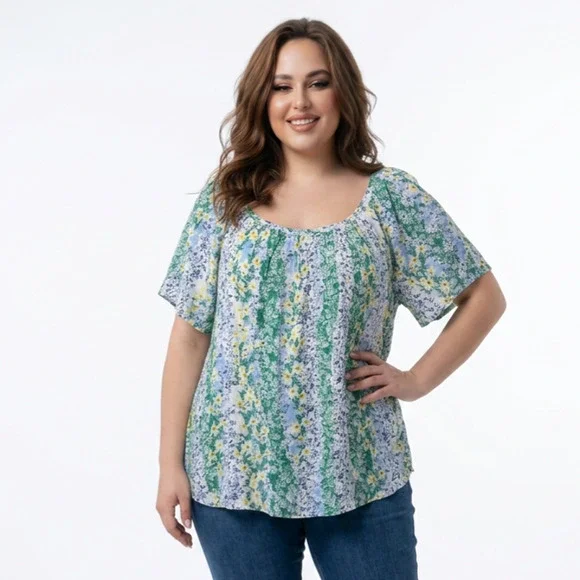 Faith & Zoe Floral Peasant Blouse 3X Plus Size Boho Flowy NWT