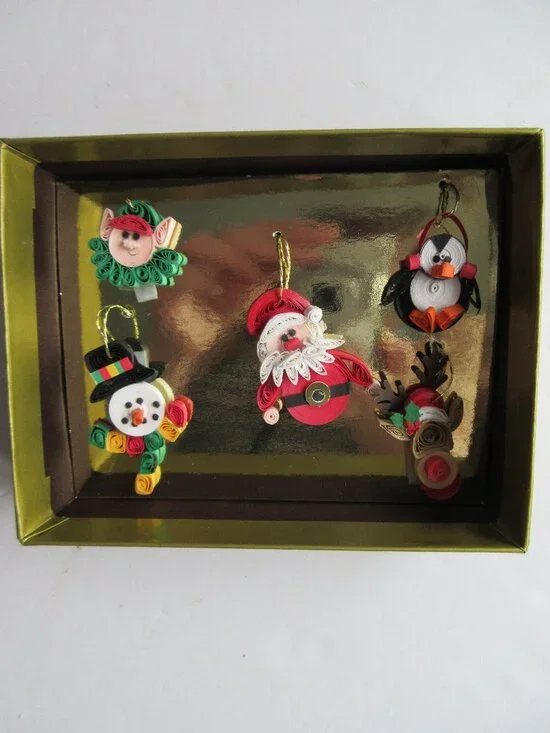 5 Paper Quilled Mini Christmas Ornaments Set in Gift Box Santa, Elf, Snowman