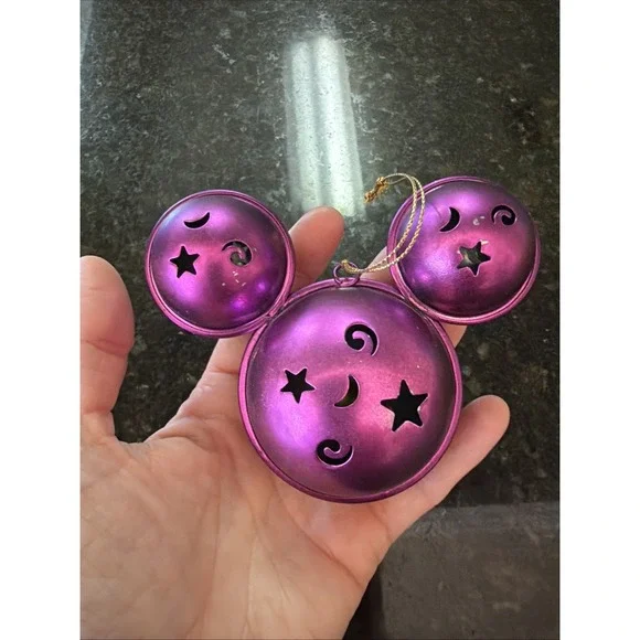 Vintage 90s Disney Purple Mickey Head Jingle Bell Christmas Ornament Mickey Ears