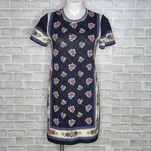 Tory Burch XS Navy Floral Border Print Pima Cotton Shift Mini Dress
