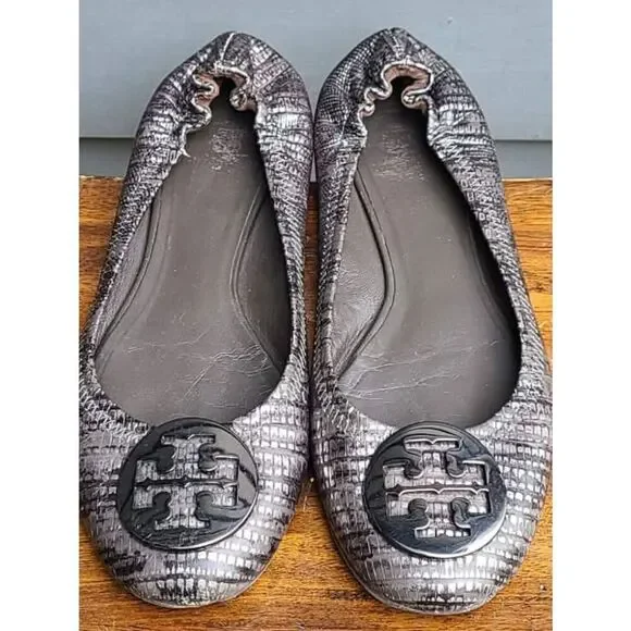 Tory Burch Reva Black Silver Snake Print Leather Ballet Flats size 8M