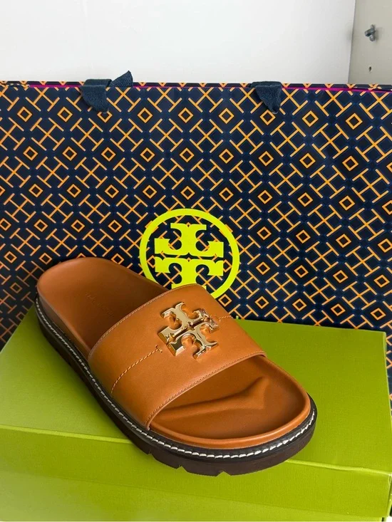 Tory Burch Tan Leather Slide with Gold Logo