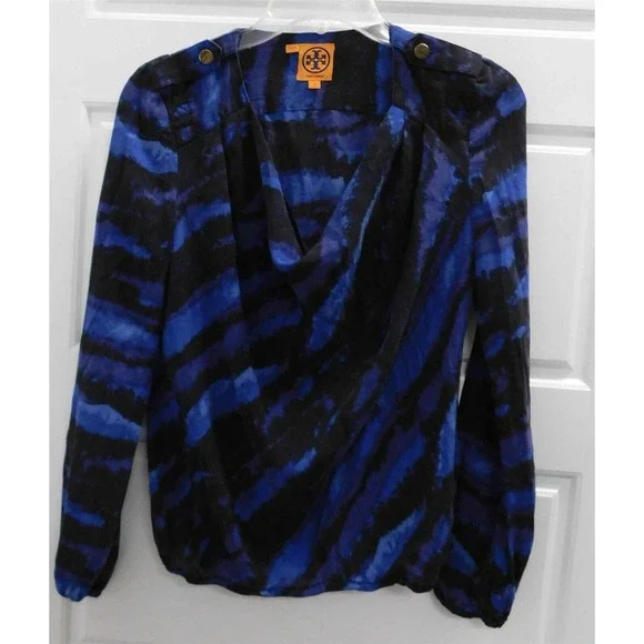 Tory Burch Blue Black‎ Abstract Stripe 100% Silk Blouse sz 0