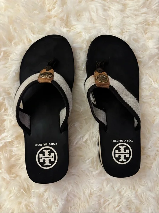 Tory Burch Black Flip Flop Sandals with Cream Straps and Gold Logo