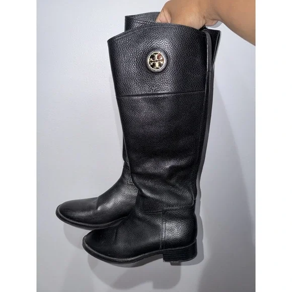 Tory Burch Black Riding Boots Pebbled Leather Sz 7 Gold‎ Detail