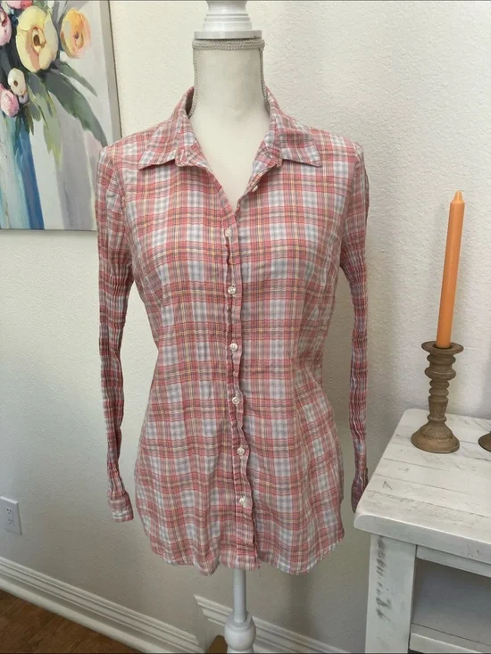 Y2k Liz Claiborne Women’s Coral and White Plaid Button-Down Shirt