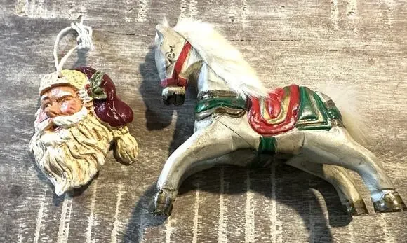 Vintage Santa Face Ornament & Hand Painted Wooden Horse