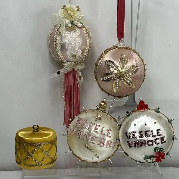 Beaded Sequin Christmas Ornament Lot Push Pin Tassel Satin Jeweled Czech