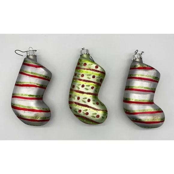 Vintage Blown Glass Christmas Stocking Ornaments Red Green Silver Set of 3