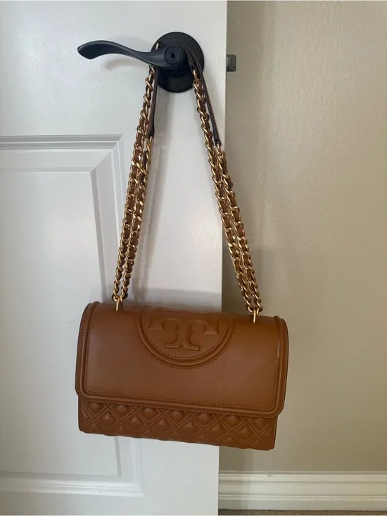 Tory Burch Cognac Brown Quilted Leather Shoulder Bag with Chain Strap