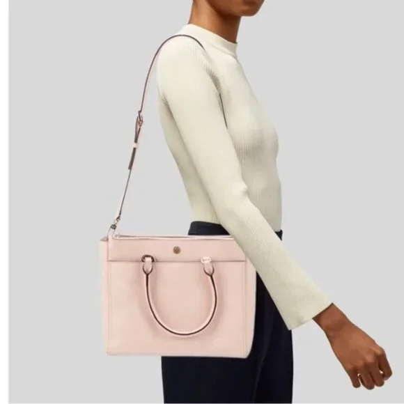 Tory Burch Double Zip Saffiano Leather Pink Tote Handbag Cossbody