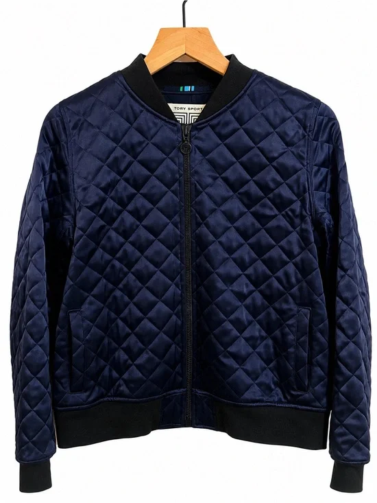 Tory Burch Sport Quilted Bomber Jacket Satin Blue Size Small