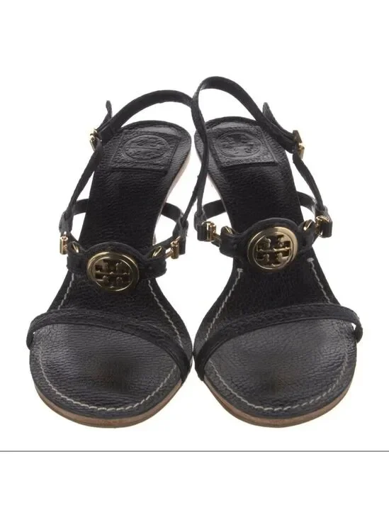 New Tory Burch Black Gold Mira 70mm Tumbled Leather Sandals 9.5