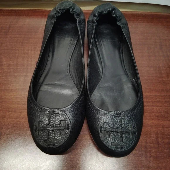 TORY BURCH Reva Black Leather Ballet Flats Black Logo Size 8M