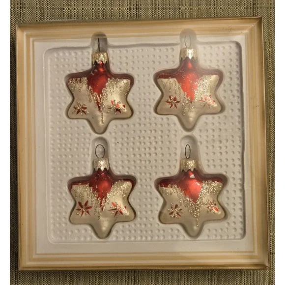4 Vintage Hand Blown Glass Star Christmas Ornaments Germany Original Box *Read