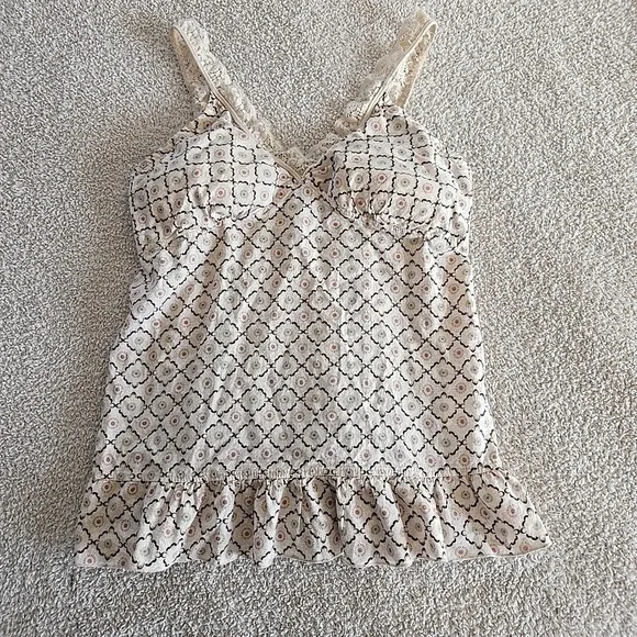 LEI Cream Diamond Pattern Babydoll Cami Tank Top Lace Trim Padded Bra Y2K 90s XL