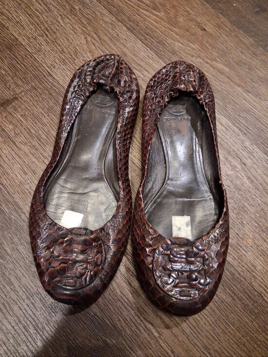 Tory Burch Brown Snake-Embossed Leather Ballet Flats Sz 8