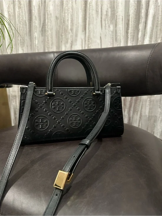 Tory Burch Black Quilted Logo Mini Satchel with Gold Hardware