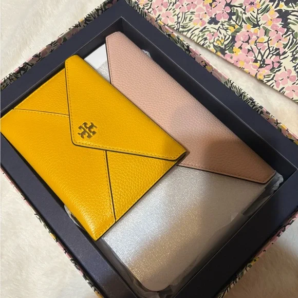 Tory Burch Yellow Envelope Wallet with Blush Pink and Metallic Silver Accents