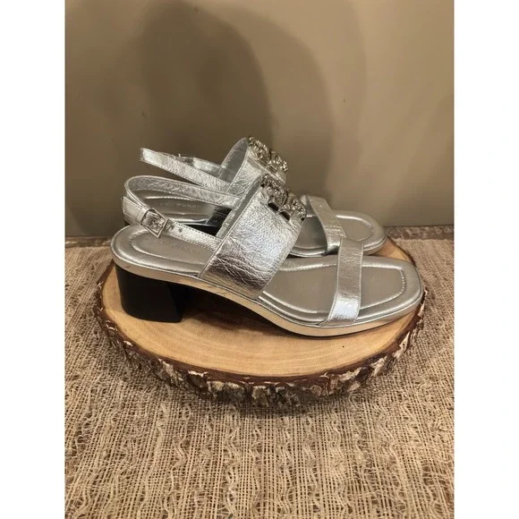 TORY BURCH METALLIC‎ Silver LEATHER Eleanor Block HEEL Sandals 7.5 349$