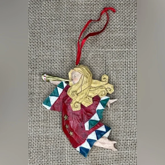 Russ Berrie Christmas Sample Angel Ornament Resin Folk Art Rustic Farmhouse