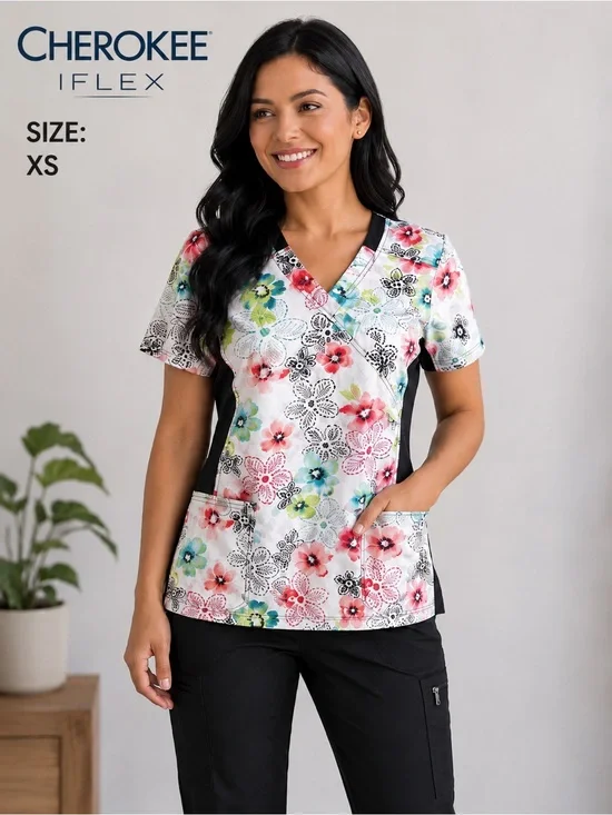 IFLEX CHEROKEE women v-neck short sleeve black-white floral scrubs top/size XS