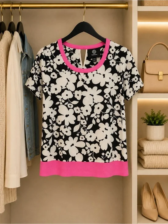 Floral Contrast Trim Short Sleeve Top - Black/White with Pink Trim