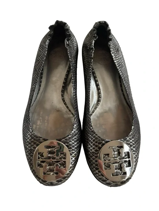 Tory Burch Black Reva Snake-Embossed Ballet Flats Sz 10