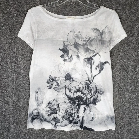 Coldwater Creek Top Women XS Floral Graphic White Short Sleeve EUC