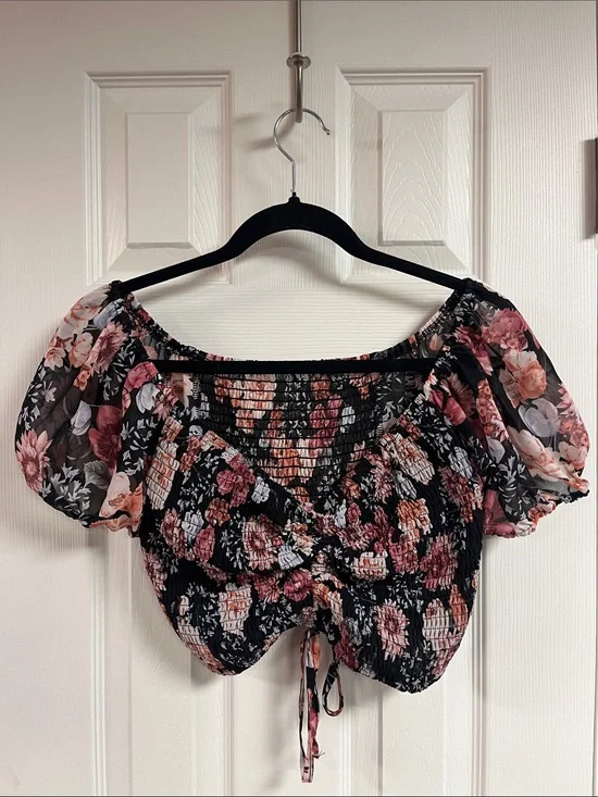 Floral Smocked Off-Shoulder Crop Top in Black and Pink