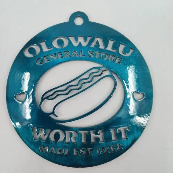 Hawaiian Olowalu Juice Stand Hot Dog Worth It Metal ornament Set of 4 Blue