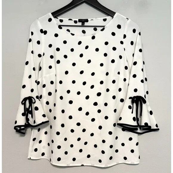 Talbots Petites Polka Dot Blouse Sz SP Ivory Black Bell Sleeve Capsule Career