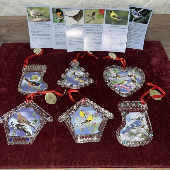 Collection of 6 Danbury Mint‎ Song Bird Crystal Christmas Ornaments