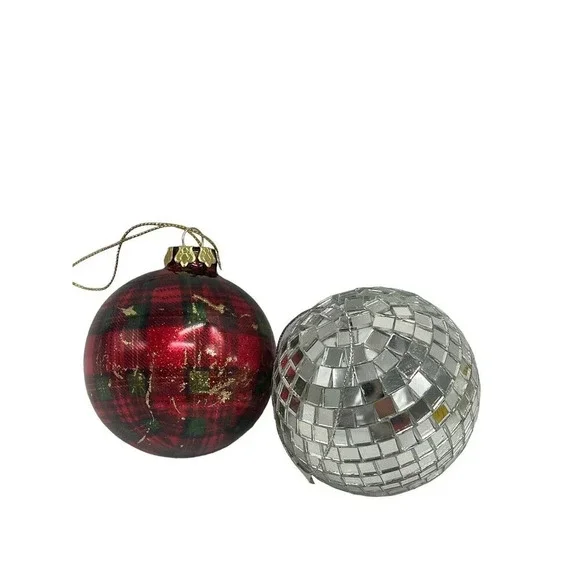 2 Hanging Silver Disco Ball Mirror and Plaid Ball Christmas Tree Ornament