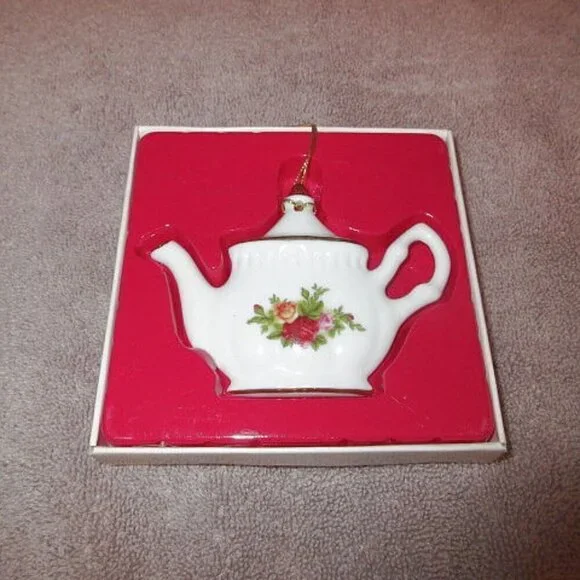 NOS Vtg Royal Albert China Teapot Christmas Ornament Holiday Country Roses Box