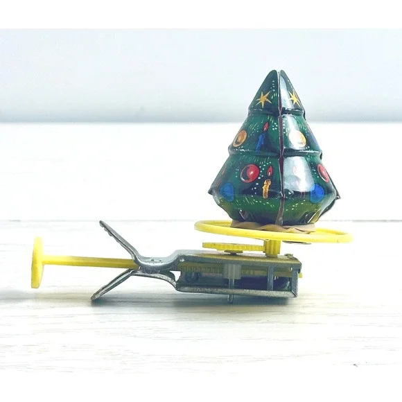 Vintage‎ Tin Litho Spinning Christmas Tree w/Hidden Santa Push Spinner Toy Japan