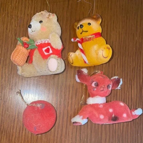 Collection of 4 vintage flocked Christmas tree ornaments‎