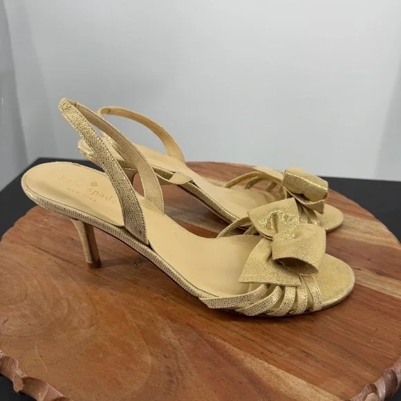 Kate Spade‎ Maribeth Slingback Gold Metallic Heels Pumps Stiletto Bow Glam 8.5