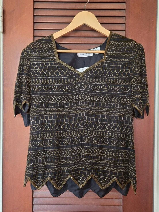 NWT Vintage Laurence Kazar Black Silk Amber Orange Bead Top S
