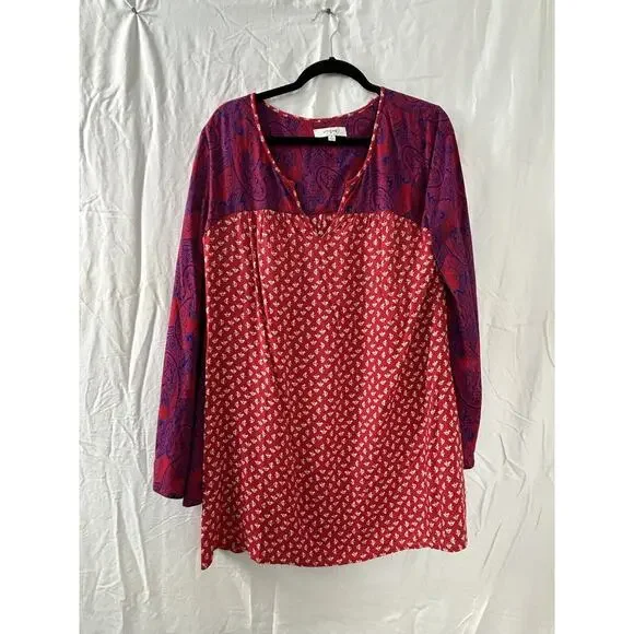 Umgee Bell Sleeve Blouse Top V-neck Red Paisley‎ Novelty Print Boho Sz M