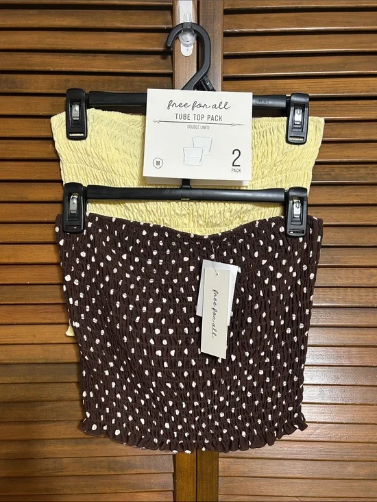 NWT Free For All Qty 2 - 1 Yellow and 1 Brown & White Elastic Tube Tops Size M